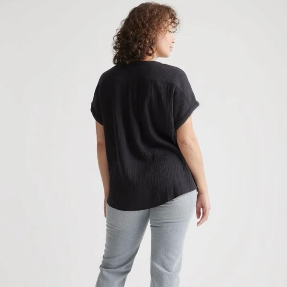 Quince Women's Black Gauze Rolled Cuff Short Sleeve Button-Up Tunic Top XL - Picture 2 of 8